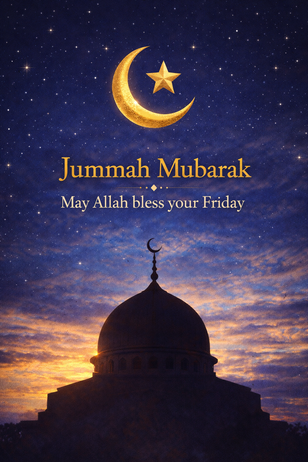 Jummah Mubarak — Crescent Moon and Mosque at Twilight